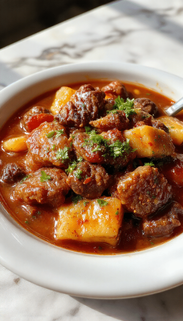 A rustic bowl of hearty beef stew garnished with fresh herbs sits on a wooden table. The stew features tender chunks of beef, carrots, potatoes, and celery in a rich, steaming gravy. The vibrant orange of the carrots and the earthy tones of the beef contrast beautifully with the sprigs of parsley on top, creating a warm and inviting presentation.