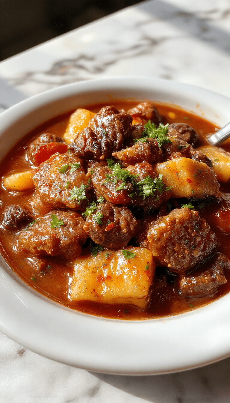 A rustic bowl of hearty beef stew garnished with fresh herbs sits on a wooden table. The stew features tender chunks of beef, carrots, potatoes, and celery in a rich, steaming gravy. The vibrant orange of the carrots and the earthy tones of the beef contrast beautifully with the sprigs of parsley on top, creating a warm and inviting presentation.
