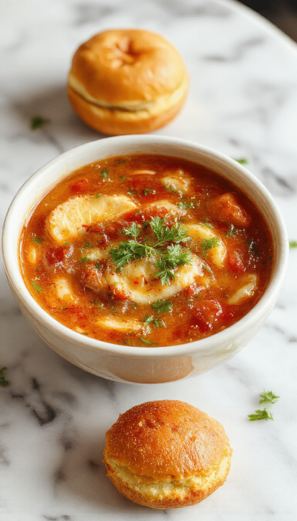 A steaming bowl of cowboy soup showcasing a rich, hearty mixture of ground beef, beans, corn, and diced tomatoes garnished with fresh herbs, served in a rustic rustic bowl on a wooden table alongside crusty bread, with vibrant colors and textures highlighting the savory ingredients.