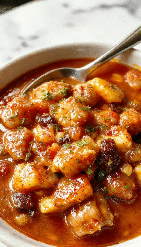 A rustic white bowl filled with steaming cowboy stew featuring tender beef chunks, colorful vegetables, and beans, garnished with fresh herbs on a wooden table, with a background of a cozy kitchen setting and a spoon resting beside the bowl.