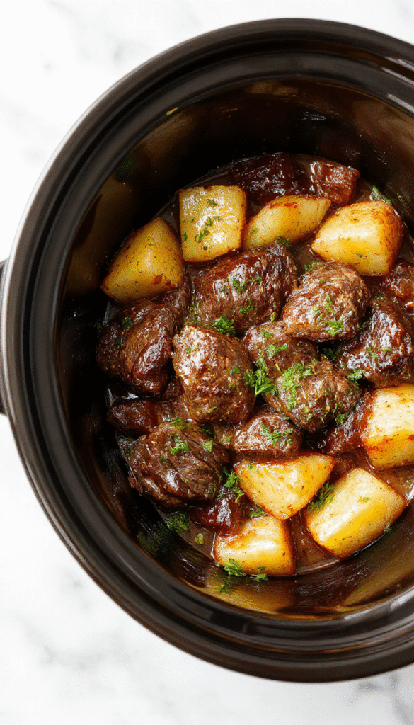 A vibrant plate featuring savory beef bites coated in golden garlic butter sauce, nestled beside crispy roasted potatoes, garnished with fresh herbs, styled on a rustic wooden table with a spoon and fresh garlic cloves for an inviting presentation.