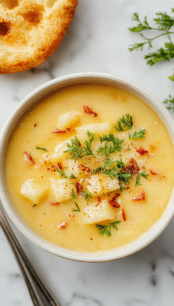 A creamy bowl of gluten-free potato soup garnished with fresh herbs and crispy bacon bits, served on a rustic wooden table with a spoon, vibrant colors, and a cozy kitchen background
