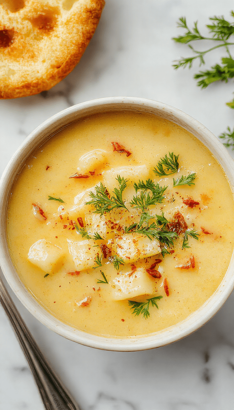 A creamy bowl of gluten-free potato soup garnished with fresh herbs and crispy bacon bits, served on a rustic wooden table with a spoon, vibrant colors, and a cozy kitchen background