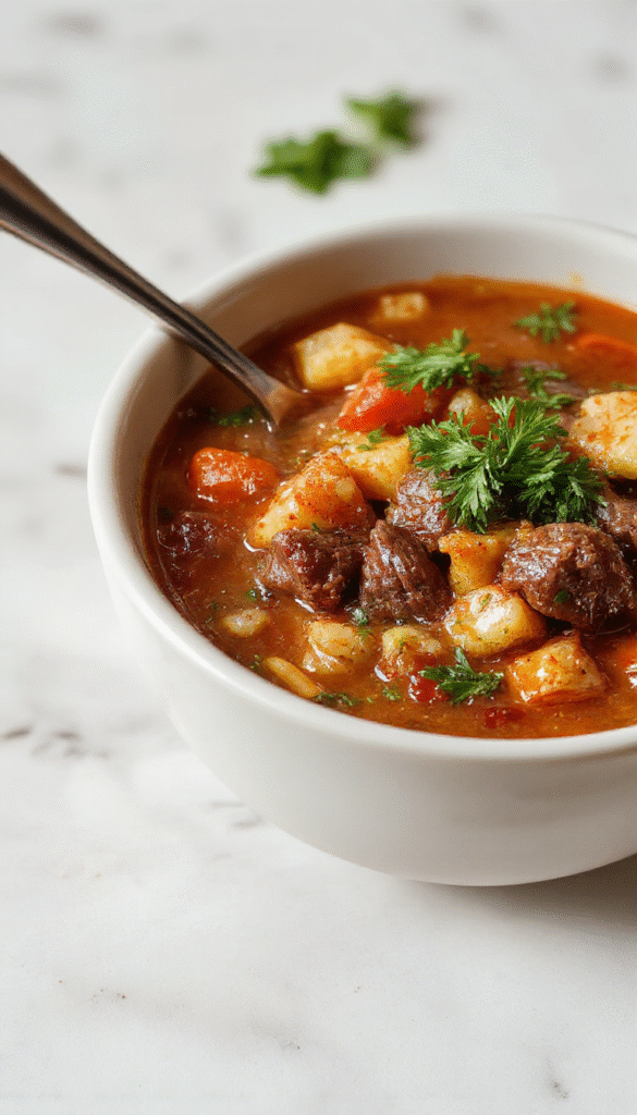 A colorful bowl of hearty vegetable beef soup with tender chunks of beef, diced carrots, celery, potatoes, and green beans in a rich broth, garnished with fresh herbs, placed on a rustic wooden table with a spoon and bread in the background.