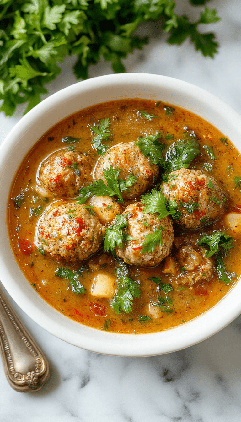 A steaming bowl of Italian Meatball Soup featuring tender meatballs, vibrant green spinach, and chunks of tomato in a clear, savory broth, garnished with fresh herbs and grated cheese, styled in a rustic bowl on a wooden table with bread on the side.