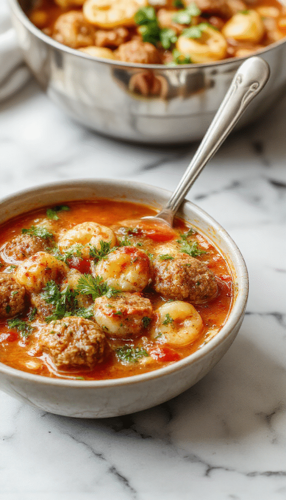 A vibrant bowl of hearty Italian meatball tortellini soup featuring plump meatballs, colorful tortellini, fresh herbs, and a rich broth, garnished with parmesan and basil, styled in a rustic bowl on a wooden table