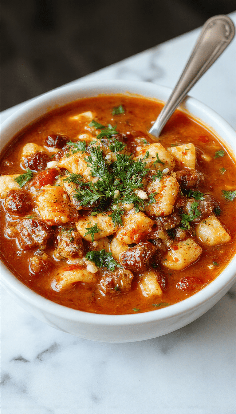 A steaming bowl of Italian Pasta Fagioli Soup with rich tomato broth, kidney beans, small pasta shapes, topped with freshly chopped parsley, set on a rustic wooden table, with slices of crusty bread on the side