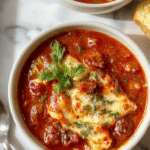 A bowl of rich, hearty lasagna soup topped with melted cheese, sprinkled with fresh basil, served in a rustic white bowl on a wooden table with garlic bread slices in the background, steam rising from the hot broth highlighting its vibrant red and golden cheese textures.