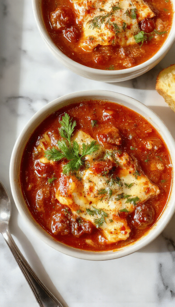 A bowl of rich, hearty lasagna soup topped with melted cheese, sprinkled with fresh basil, served in a rustic white bowl on a wooden table with garlic bread slices in the background, steam rising from the hot broth highlighting its vibrant red and golden cheese textures.
