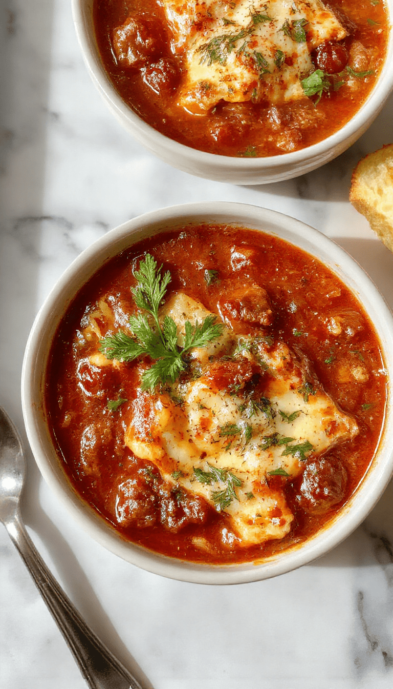 A bowl of rich, hearty lasagna soup topped with melted cheese, sprinkled with fresh basil, served in a rustic white bowl on a wooden table with garlic bread slices in the background, steam rising from the hot broth highlighting its vibrant red and golden cheese textures.