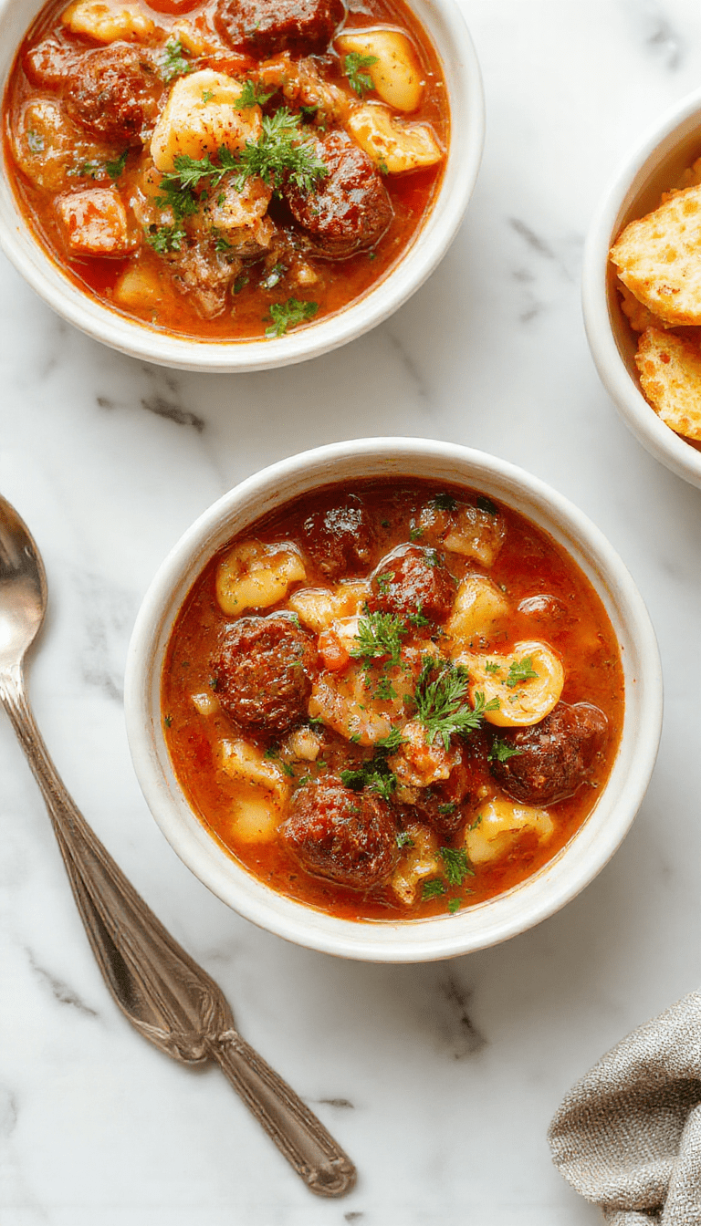 A steaming bowl of hearty sausage and tortellini soup garnished with fresh herbs on a rustic wooden table, showcasing colorful sausage slices, tender tortellini, and vibrant vegetables with a rich broth.