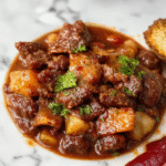 A vibrant bowl of slow cooker beef chili featuring chunks of tender beef, red kidney beans, and tomatoes, garnished with fresh cilantro and shredded cheese. The chili is served in a rustic white bowl set on a wooden surface, with a spoon on the side and a fresher cilantro sprig on top, showcasing rich textures and warm colors.