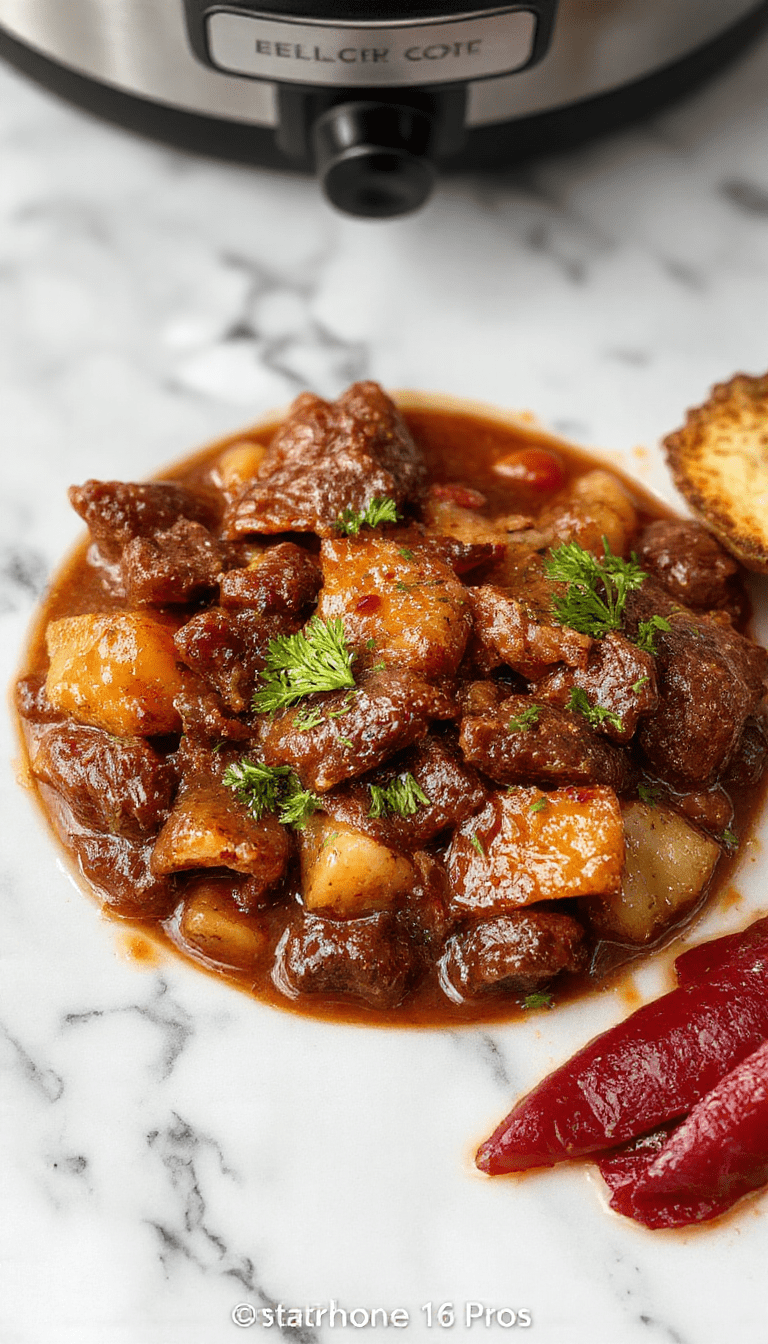 A vibrant bowl of slow cooker beef chili featuring chunks of tender beef, red kidney beans, and tomatoes, garnished with fresh cilantro and shredded cheese. The chili is served in a rustic white bowl set on a wooden surface, with a spoon on the side and a fresher cilantro sprig on top, showcasing rich textures and warm colors.