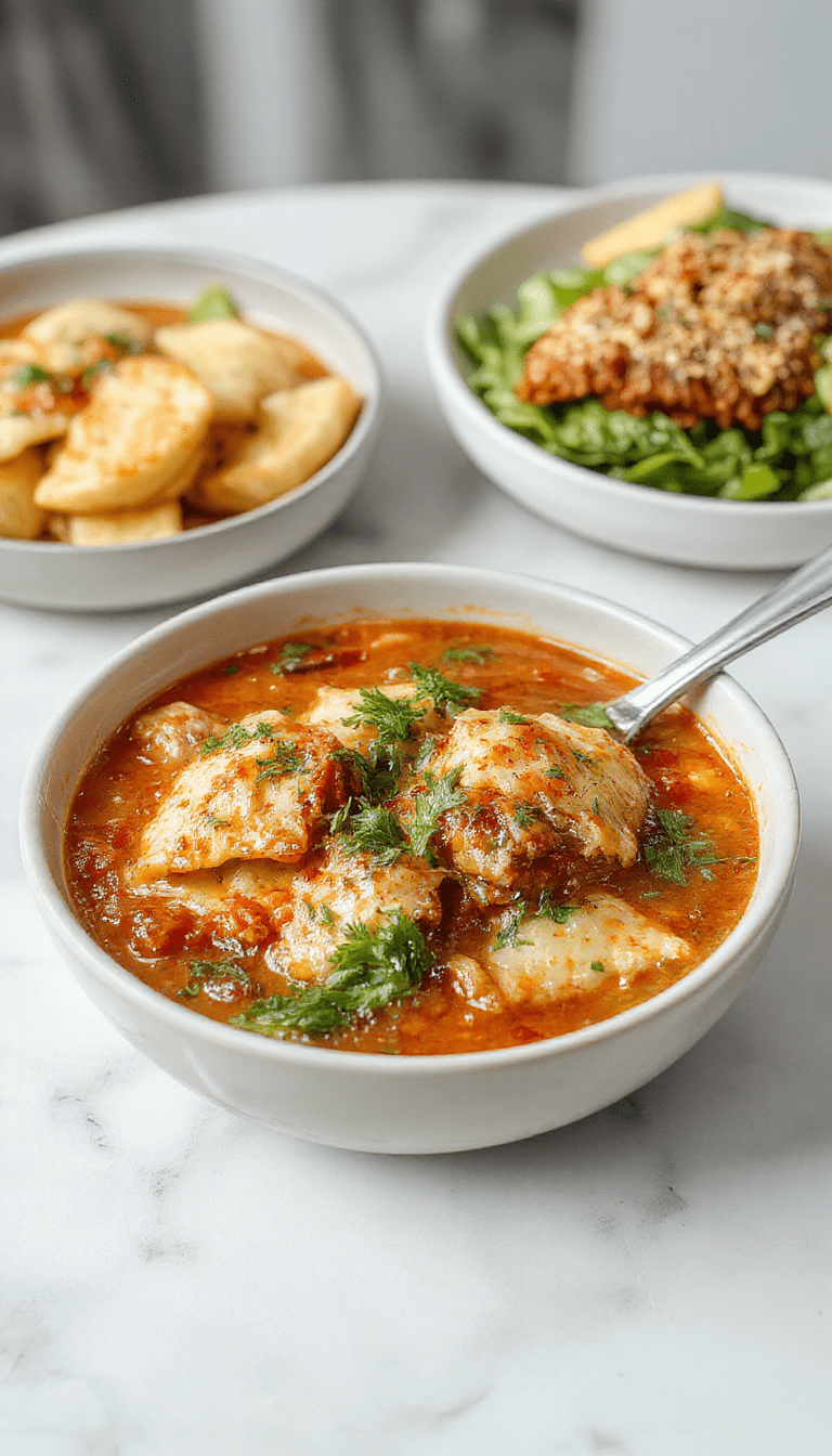 A vibrant bowl of lasagna soup featuring chunky tomato broth, melted cheese topping, garnished with fresh basil leaves, served with crusty bread on a rustic wooden table