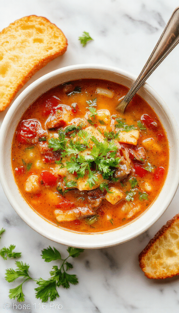 A vibrant bowl of classic minestrone soup featuring colorful vegetables, beans, and pasta, garnished with fresh herbs, served in a rustic white bowl on a wooden table with a spoon and a bread roll in the background