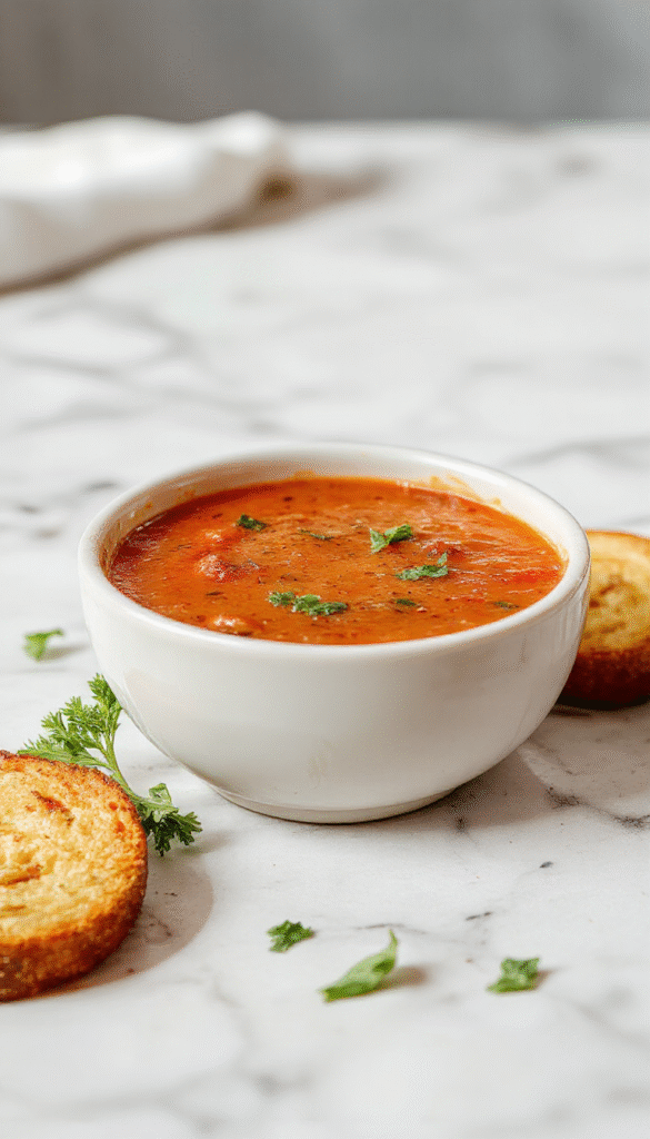 A vibrant bowl of roasted tomato basil soup garnished with fresh basil leaves, served in a rustic white bowl on a wooden table. The soup has a rich red-orange color, with a smooth texture and a drizzle of olive oil. In the background, there are fresh tomatoes, garlic, and basil sprigs, creating a warm, inviting atmosphere. The scene is styled simply to highlight the vibrant colors of the soup and ingredients.