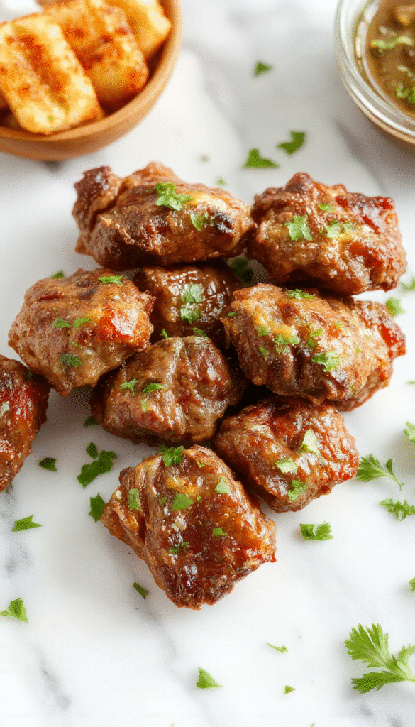 Colorful plate featuring tender beef bites coated in rich garlic butter sauce, garnished with fresh herbs, served on a rustic wooden surface with a side of green vegetables and lemon wedges, showcasing a glossy, flavorful texture with steaming-hot, perfectly cooked meat.