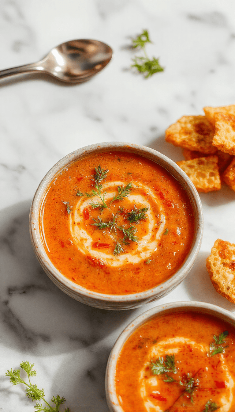 A vibrant bowl of homemade tomato soup garnished with fresh basil leaves and a drizzle of olive oil, served on a rustic wooden table paired with crusty bread, showcasing rich red hues and a smooth, velvety texture.