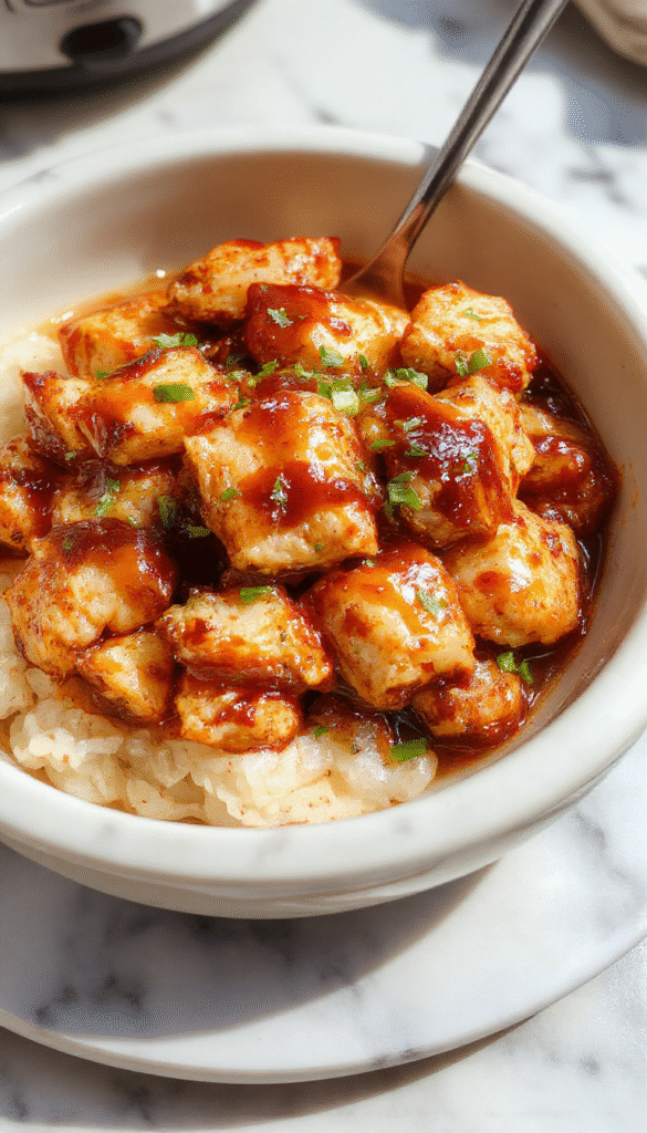 A glossy plate of tender crockpot teriyaki chicken glazed with savory sauce, garnished with sesame seeds and chopped green onions, served alongside fluffy white rice, with a rustic wooden background and natural lighting highlighting the rich caramelized textures