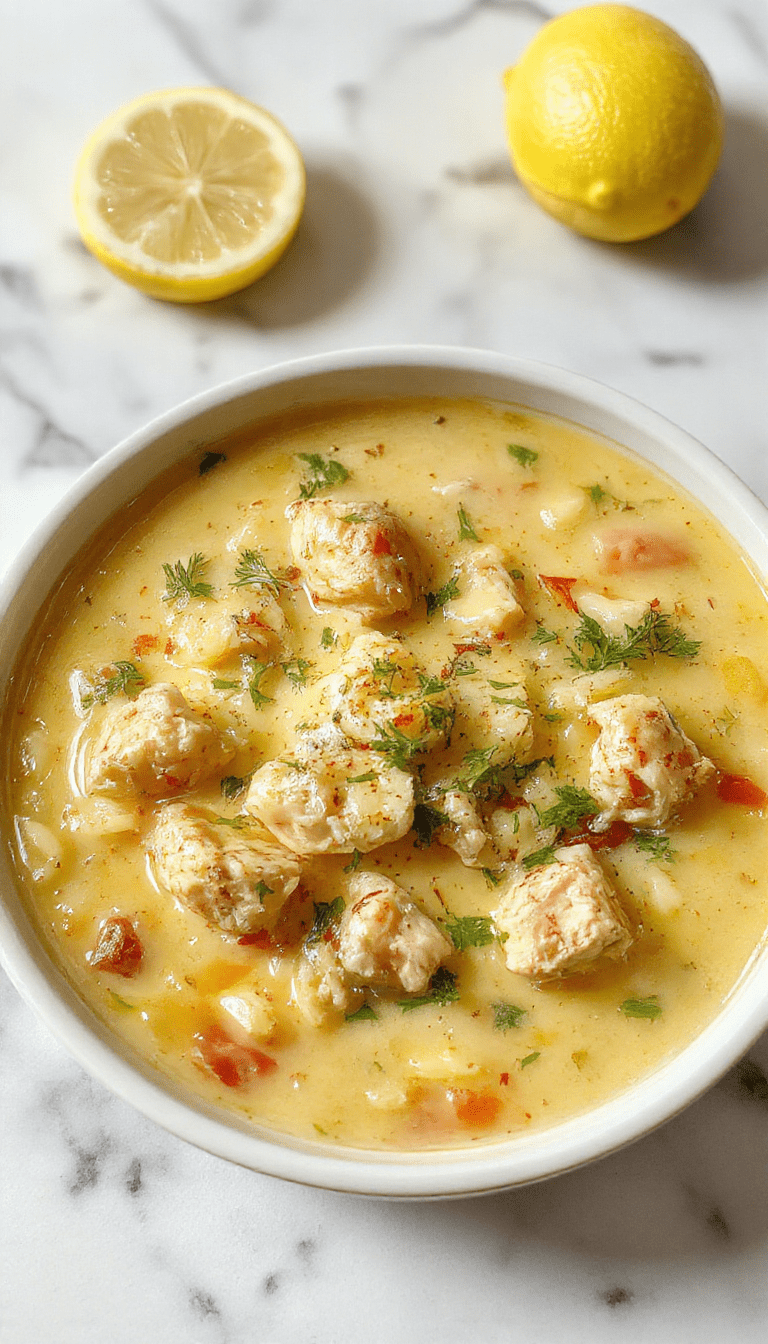 A vibrant bowl of Lemon Chicken Orzo Soup featuring tender shredded chicken, bright yellow lemon slices, and curly orzo pasta, garnished with fresh herbs on a speckled ceramic bowl against a rustic wooden table.
