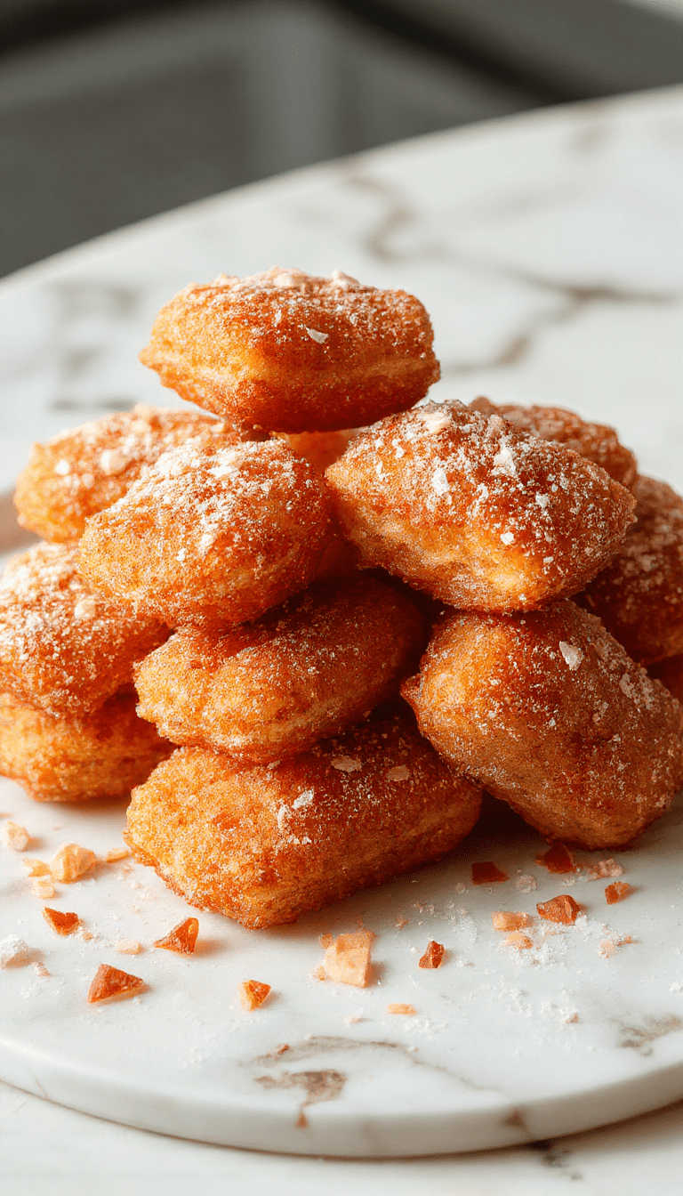 A close-up of golden-brown, crispy churro bites coated with cinnamon sugar, neatly arranged on a white plate with a drizzle of chocolate sauce, garnished with a sprinkle of powdered sugar, styled on a rustic wooden surface with a soft background.