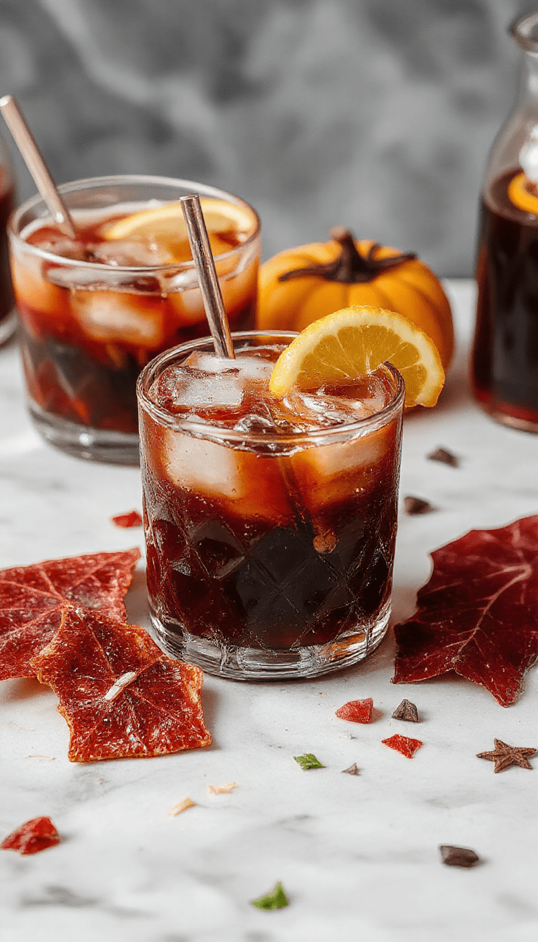 A vibrant Halloween Hocus Pocus Punch served in a large clear glass bowl with a spooky orange and purple color. The punch is garnished with floating eyeballs made of lime and gummy candies, with dry ice creating a smoky effect. The background features autumn-themed decorations and flickering candles, enhancing the spooky vibe of the presentation.