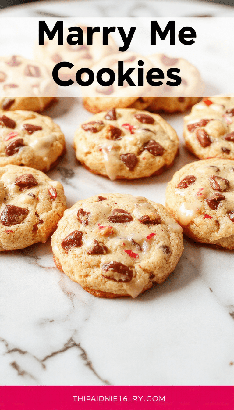 A close-up image of golden-brown marry me cookies stacked on a rustic wooden tray. The cookies have a slightly cracked surface with visible chunks of chocolate and colorful sprinkles, appealingly arranged on a white plate with a soft-focus background of a cozy kitchen setting and a sprig of mint for garnish.