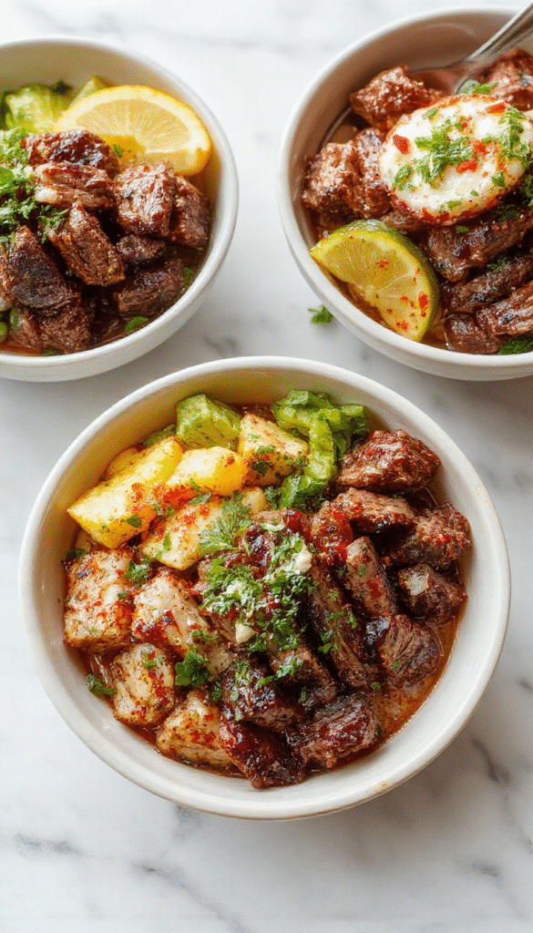 Colorful Mediterranean steak bowls featuring tender sliced beef, cherry tomatoes, cucumbers, olives, and feta cheese arranged on a white plate with fresh herbs, vibrant vegetables, and a drizzle of olive oil, styled with a rustic wooden background and natural lighting.