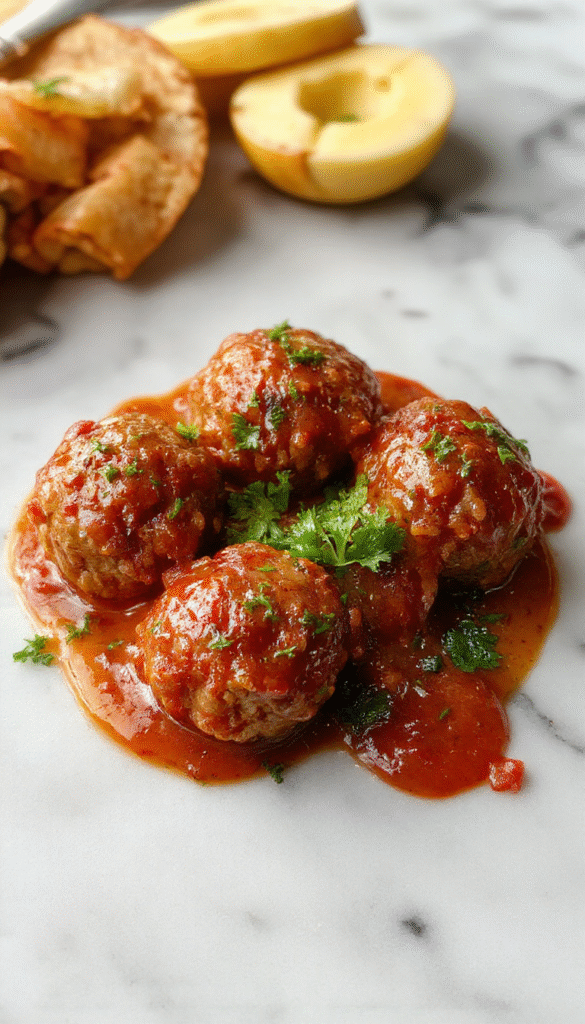 A close-up of golden-brown Italian meatballs with a juicy, tender texture, served on a rustic plate topped with fresh herbs and marinara sauce, with a backdrop of a garlic bulb and basil leaves, styled for a cozy Italian dinner vibe.