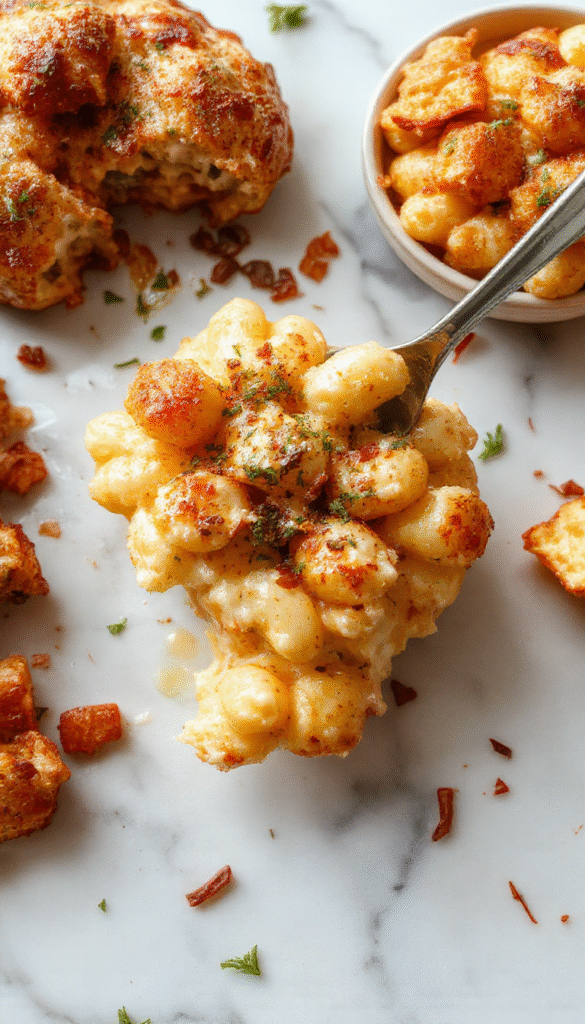 A vibrant, close-up shot of a large serving of Monster Mac and Cheese with gooey, melted cheese on top, garnished with fresh herbs, served in a rustic bowl showing creamy textures and crispy edges.