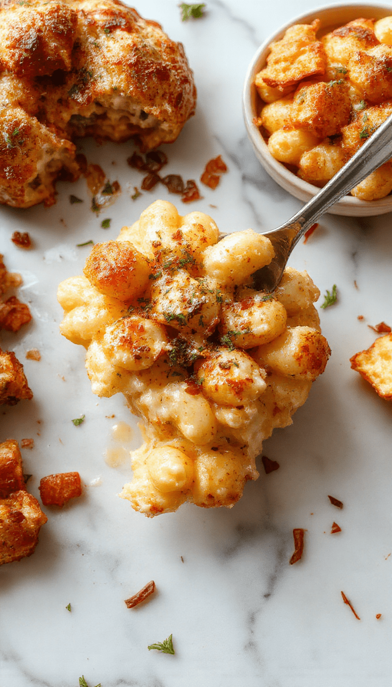 A vibrant, close-up shot of a large serving of Monster Mac and Cheese with gooey, melted cheese on top, garnished with fresh herbs, served in a rustic bowl showing creamy textures and crispy edges.
