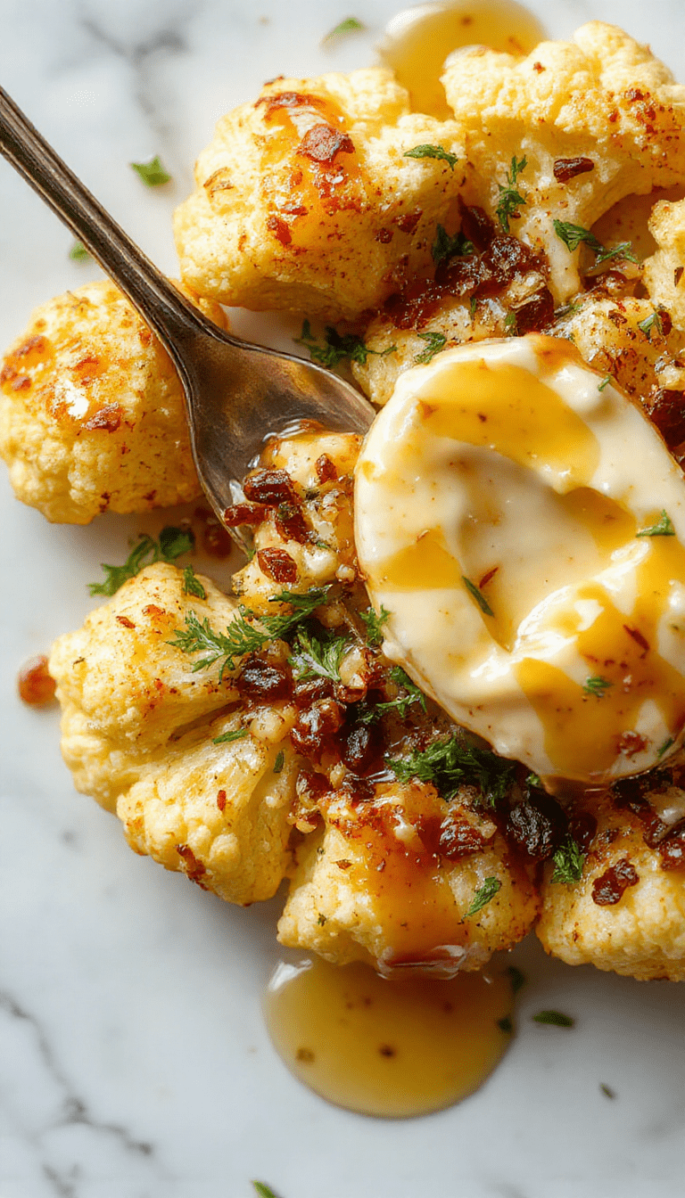 Vibrant cauliflower florets roasted to golden brown with a drizzle of glossy tahini-honey sauce, garnished with fresh herbs on a rustic wooden platter, highlighting textures and rich colors.