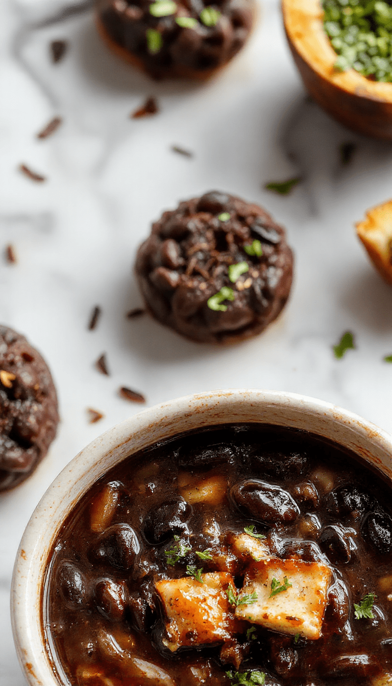 A vibrant bowl of black bean soup garnished with fresh cilantro, sour cream, and diced tomatoes, served on a rustic wooden table with a spoon and a slice of crusty bread side.