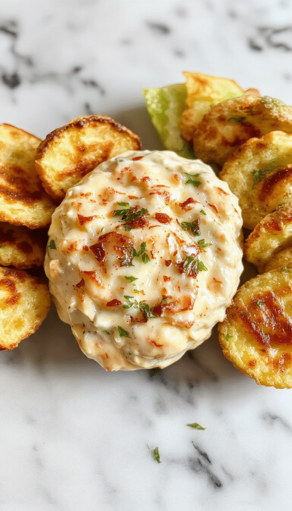 Colorful football-themed party dip in a bowl with a layered look, topped with chopped tomatoes, shredded cheese, and fresh herbs, surrounded by chips and decorative footballs, set on a vibrant party table