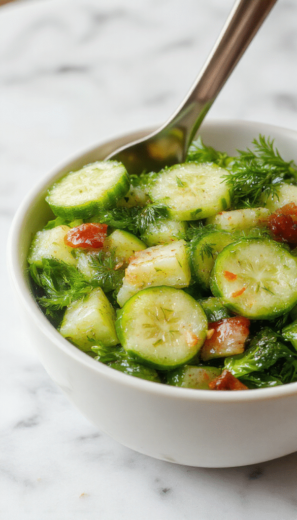 Vibrant cucumber dill salad in a clear glass bowl, featuring thinly sliced cucumbers topped with fresh dill and lemon slices, garnished with sprigs of dill and lemon wedges, with a light dressing visible on the vegetables, set on a rustic wooden table with fresh herbs around.