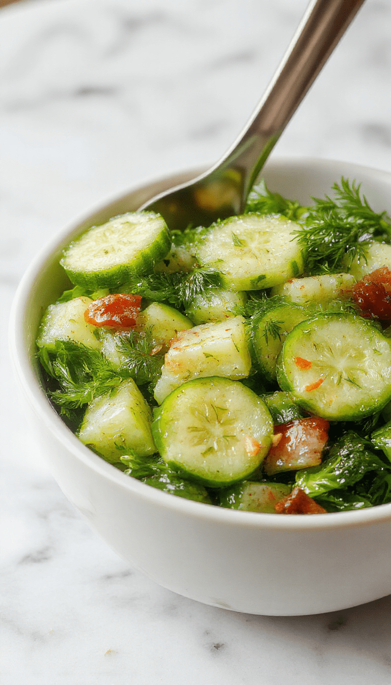Vibrant cucumber dill salad in a clear glass bowl, featuring thinly sliced cucumbers topped with fresh dill and lemon slices, garnished with sprigs of dill and lemon wedges, with a light dressing visible on the vegetables, set on a rustic wooden table with fresh herbs around.