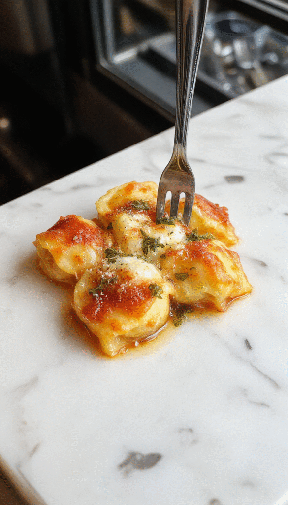 A vibrant plate of cheesy tortellini topped with fresh herbs and a drizzle of olive oil, served on a rustic white dish with a colorful background of cherry tomatoes and basil leaves, showcasing the creamy textures and golden pasta shells.