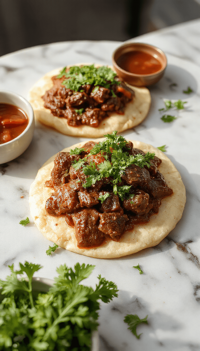 A steaming plate of carne guisada featuring tender chunks of beef in rich, savory gravy garnished with fresh cilantro, served alongside fluffy rice with a colorful medley of cooked vegetables, all presented on a rustic wooden table with warm natural lighting highlighting the glossy sauce and textured ingredients.
