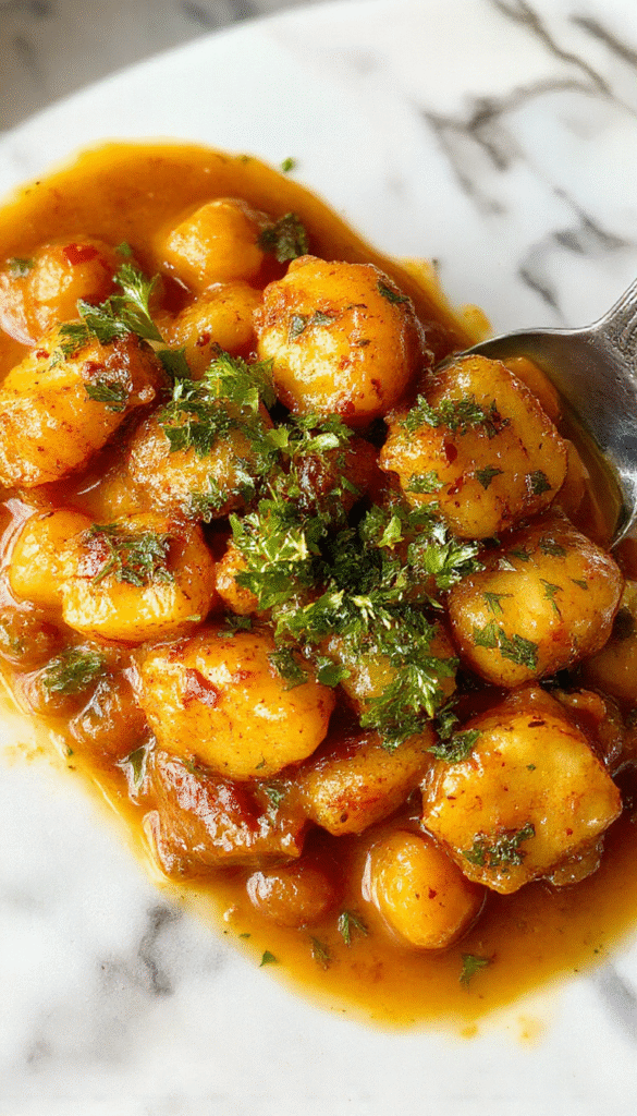A vibrant bowl of chickpea and potato curry showcasing golden-brown roasted potatoes, creamy chickpeas in a rich tomato-based sauce, garnished with fresh cilantro, served on a rustic white plate with a side of naan bread and colorful vegetables, all emitting a warm and inviting atmosphere with rich textures and bright colors.
