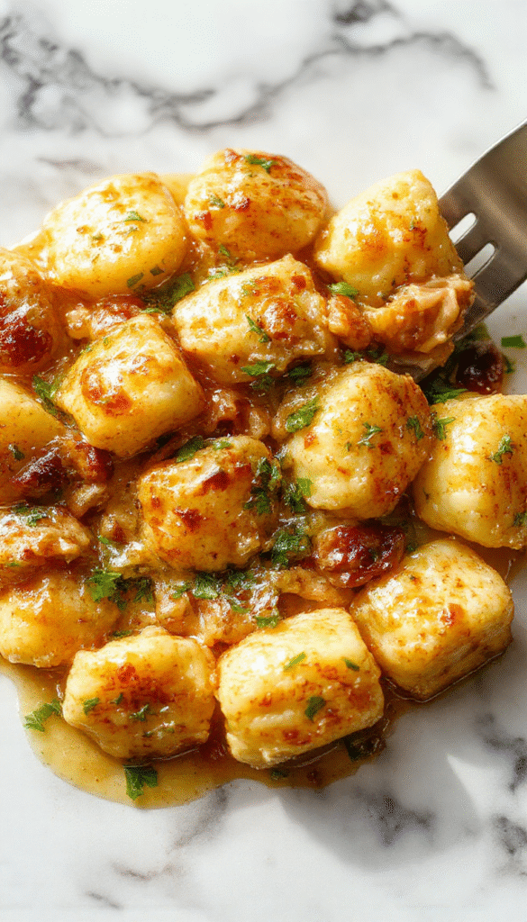 A vibrant skillet dish featuring golden-brown chicken pieces nestled on fluffy gnocchi, garnished with minced garlic and fresh herbs, colorful vegetables on a rustic wooden table.