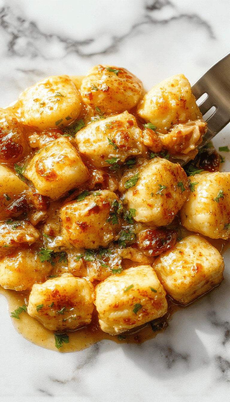 A vibrant skillet dish featuring golden-brown chicken pieces nestled on fluffy gnocchi, garnished with minced garlic and fresh herbs, colorful vegetables on a rustic wooden table.