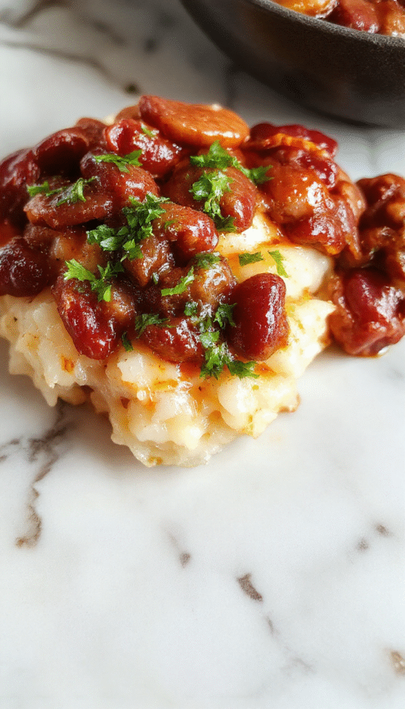 A vibrant plate of Louisiana red beans and rice featuring rich red beans simmered in spices, served over fluffy white rice, garnished with fresh green herbs and a slice of cornbread on a rustic wooden table
