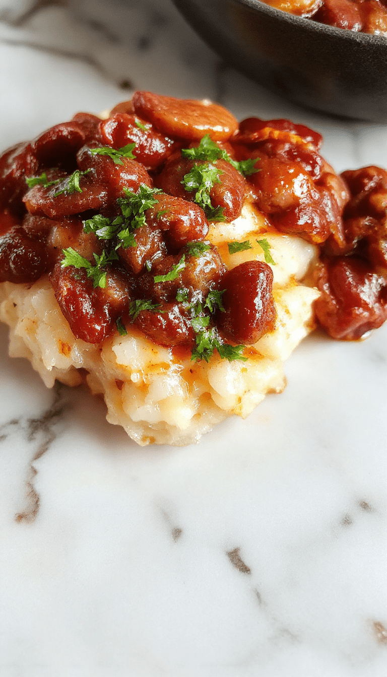 A vibrant plate of Louisiana red beans and rice featuring rich red beans simmered in spices, served over fluffy white rice, garnished with fresh green herbs and a slice of cornbread on a rustic wooden table