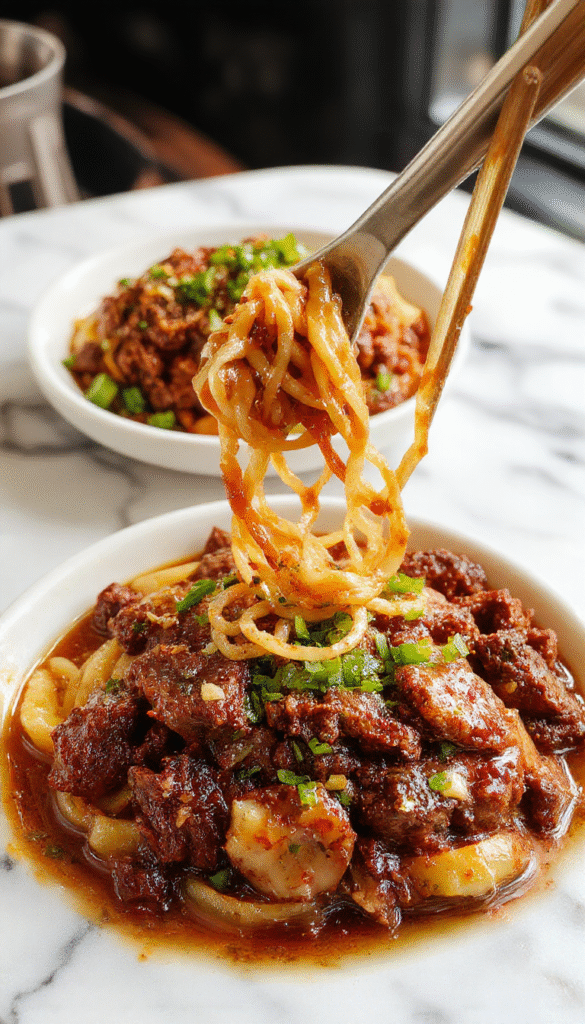A vibrant bowl of Mongolian ground beef noodles featuring tender ground beef, glossy dark soy glaze, garnished with fresh green scallions and sesame seeds, served on a rustic wooden table with chopsticks and a side of steamed vegetables, highlighting rich textures and appetizing colors