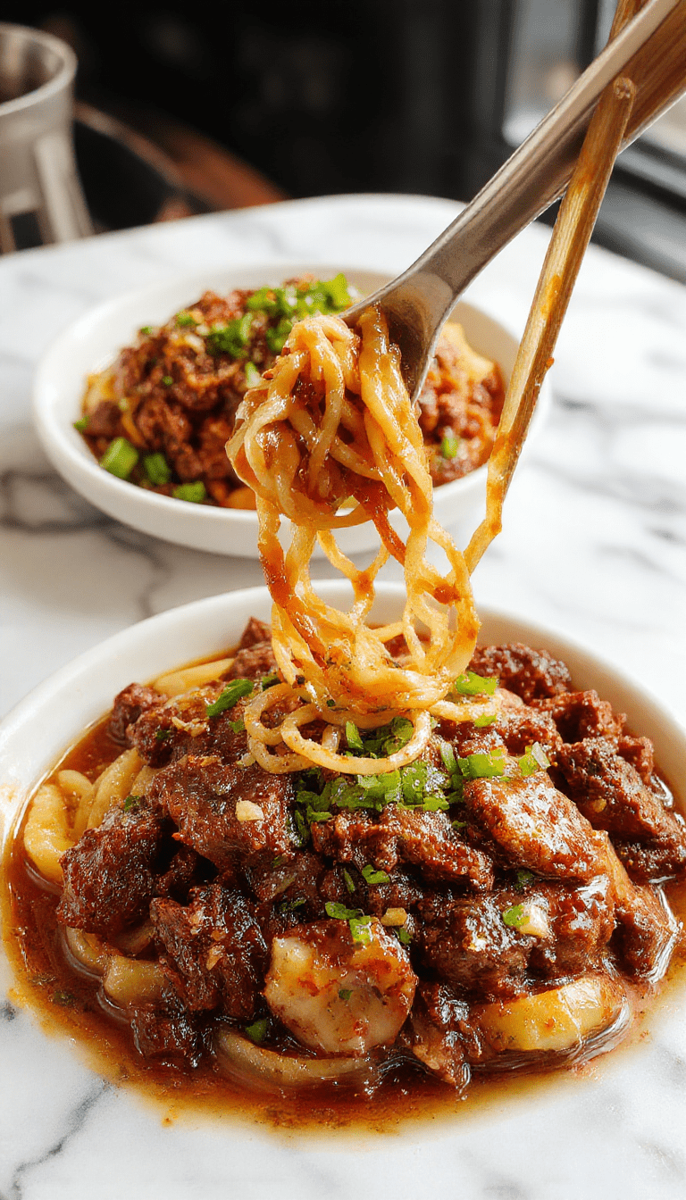 A vibrant bowl of Mongolian ground beef noodles featuring tender ground beef, glossy dark soy glaze, garnished with fresh green scallions and sesame seeds, served on a rustic wooden table with chopsticks and a side of steamed vegetables, highlighting rich textures and appetizing colors