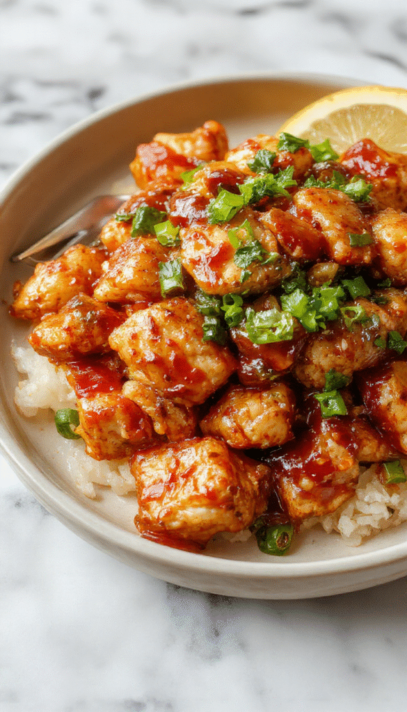 Colorful stir fry on a white plate featuring tender pieces of glazed chicken, vibrant bell peppers, broccoli florets, and sliced carrots garnished with sesame seeds, styled with chopsticks and a soy sauce drizzle