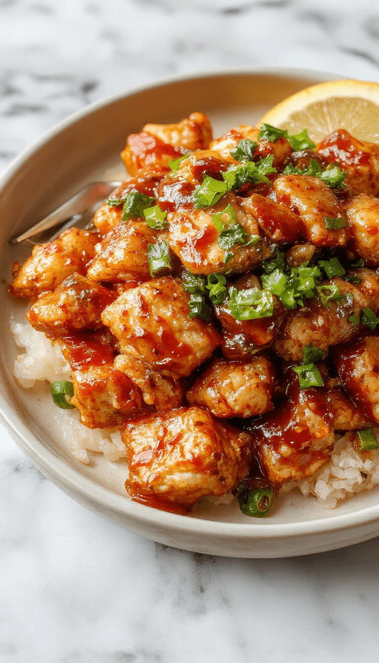 Colorful stir fry on a white plate featuring tender pieces of glazed chicken, vibrant bell peppers, broccoli florets, and sliced carrots garnished with sesame seeds, styled with chopsticks and a soy sauce drizzle