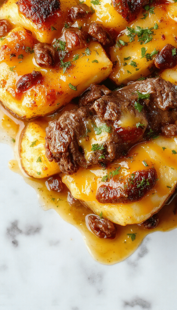 A hearty casserole in a rustic white baking dish featuring tender sliced steak topped with melted cheddar cheese, crispy golden potato slices, and garnished with fresh green herbs. The dish is styled on a wooden surface with a spoon and a sprig of herbs for decoration, showcasing a warm, comforting meal with vibrant cheddar cheese melting over the top.