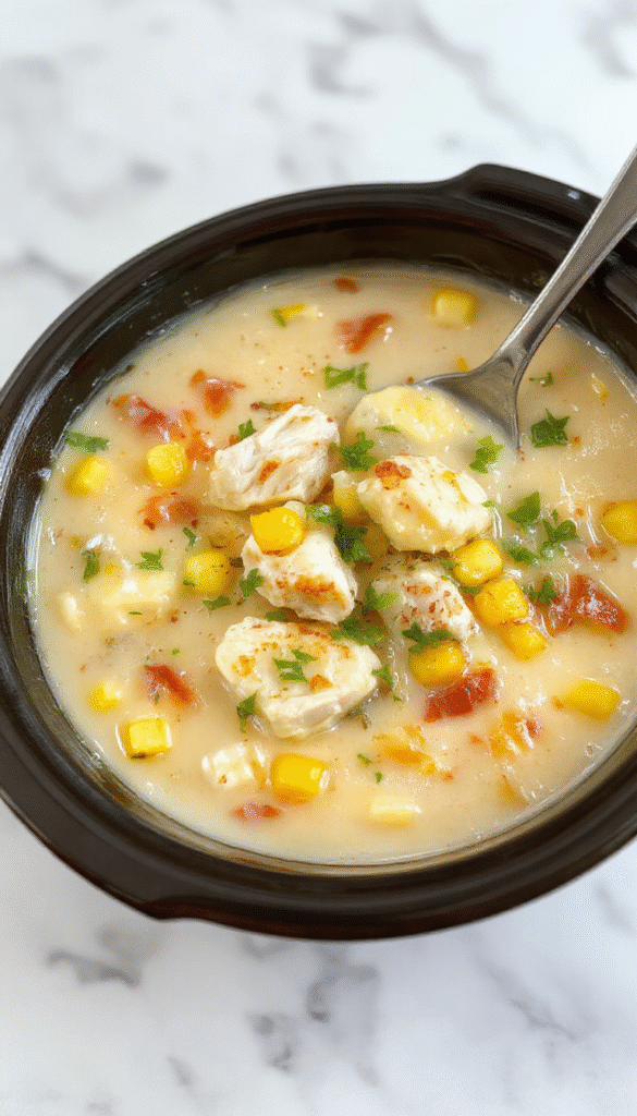 Colorful bowl of creamy chicken corn chowder garnished with fresh herbs, featuring tender chicken, sweet corn, and a rich, steaming broth, plated in a rustic bowl on a wooden surface with a spoon beside it.