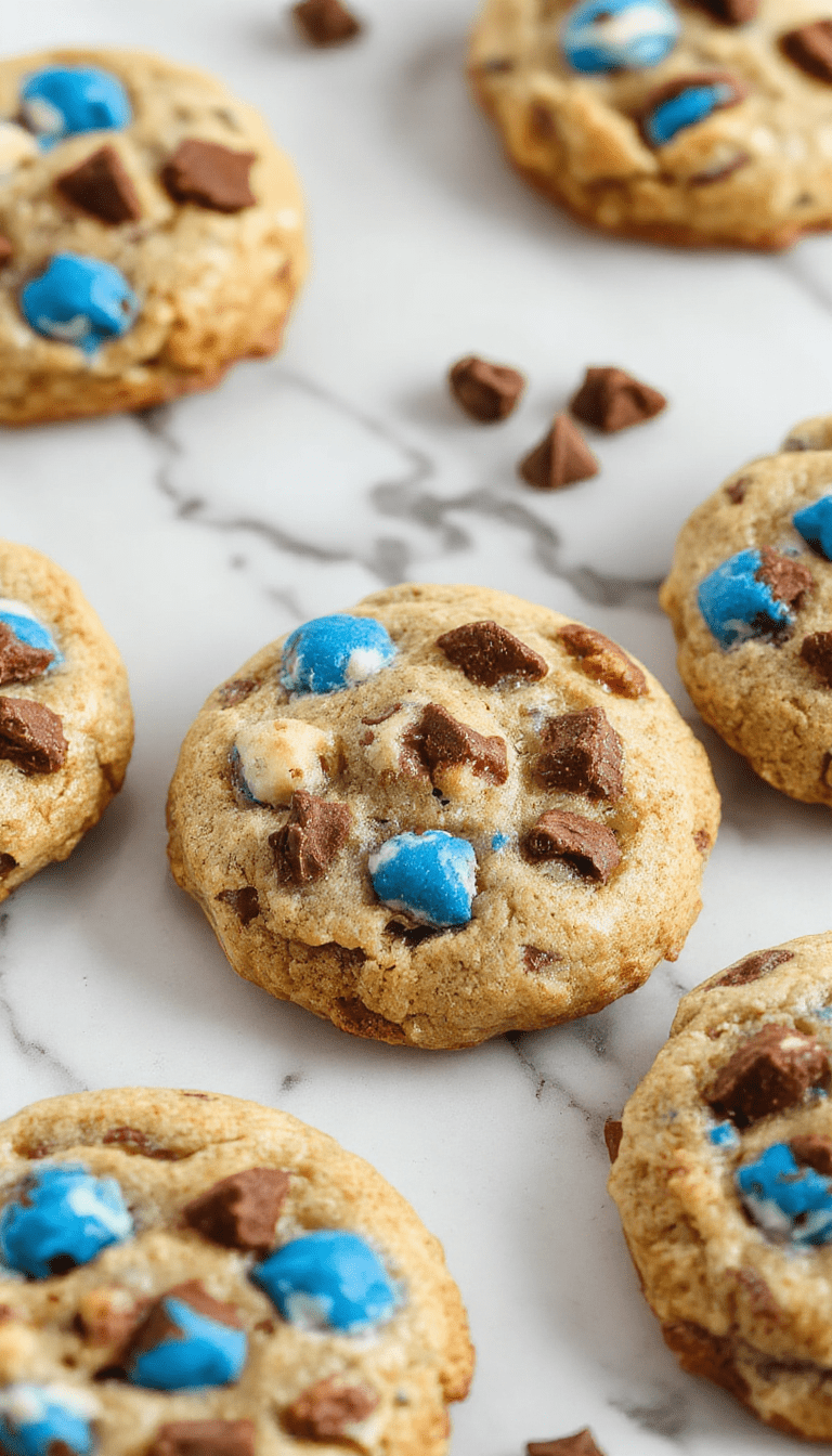 Colorful array of soft and chewy Cookie Monster Cookies arranged on a rustic white plate, featuring vibrant blue cookie dough balls with playful chocolate chip eyes, set against a bright kitchen backdrop with a few cookies stacked for a fun, inviting scene.